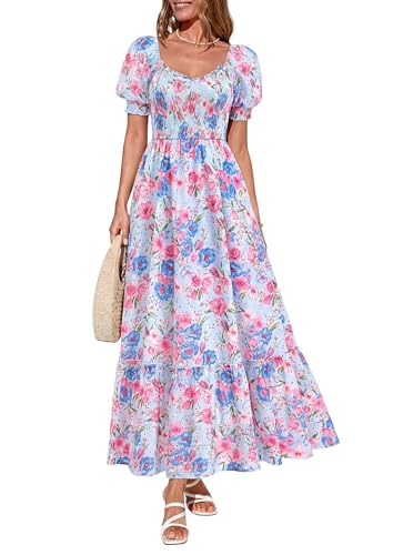 PRETTYGARDEN Women's Floral Boho Maxi Dresses Flowy Short Sleeve A Line Smocked Eyelet 2026 Summer Beach Vacation Clothes (Floral Light Blue,Small)