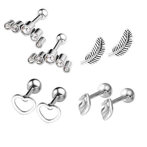 Jovivi 8pc Stainless Steel Leaf/Crescent/Feather/Heart Barbell Cartilage Tragus Helix Stud Earrings 16 Gauge 1/4