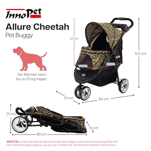 Hundebuggy Katzenbuggy für Reisen - Innopet Allure Cheetah – exklusiver Hundewagen mit Leopardenmuster, einhändig faltbar, mit Aufbewahrungskorb, 2 Sicherheitsleinen, pannensichere Räder – Hundewagen