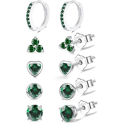 EPIRORA 925 Sterling Silver Stud Earrings Set for Women Men, Hypoallergenic Emerald Green Cubic Zirconia Stud Cartilage Helix Earrings, 5 Pairs Silver Hoop Earring Studs Sets for Multiple Piercing Cover
