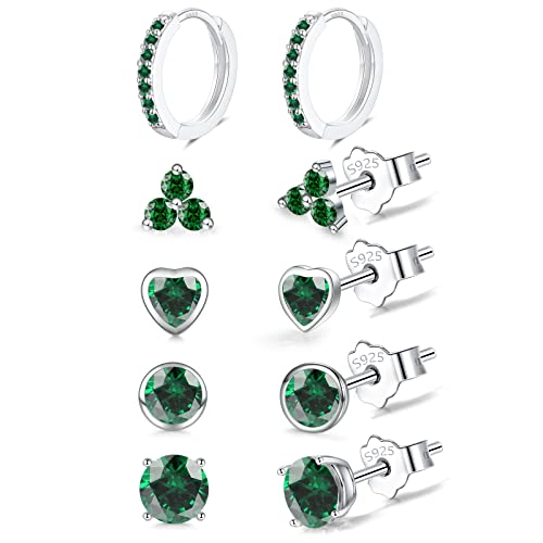 Sterling Silver Studs Earrings Set for Women, 5 Pairs Small Silver Huggie Hoop & Studs Earrings Set | Hypoallergenic Green Cubic Zirconia Earring Jewellery Set for Girls