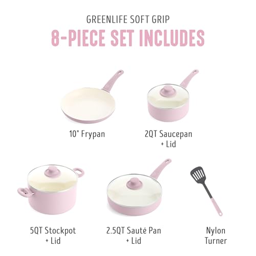 Image of GreenLife Soft Grip 8 Piece Cookware Set, Non-Toxic PFAS-Free Ceramic Nonstick, Frying, Sauce, Saute, Utensils, Glass Lids, Stay-Cool Handles, Wobble Free, Dishwasher & Oven Safe, Soft Pink