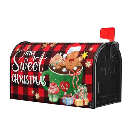 Image of 25.5 inchx21 inch Gingerbread Mailbox Cover Magnetic Large Size Have A Sweet Christmas Cookies Mailbox Wrap Post Cover with Red Black Buffalo Plaids for Yard Garden Outside Holiday Decor