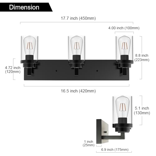 Image of MELUCEE Vintage Bathroom Lighting Fixtures Over Mirror, 3-Light Modern Vanity Lights Black Finish Industrial Wall Sconce with Clear Glass Shade