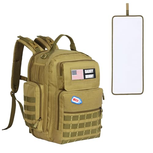 Image of MABOZOO Diaper Bag Backpack for Dad, Brown Military Diaper Bag Backpack with Waterproof Changing Pad,Large Mens Baby Bag,Unisex Molle Style Baby Backpack Bag