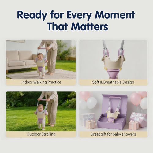 Baby Walking Harness with Removable Drool Towel, Walking Helper Harness for Toddlers, Handheld Belt – No Bending for Parents, Walking Assistant & Trainer for 9-24 Months Old (Grey)