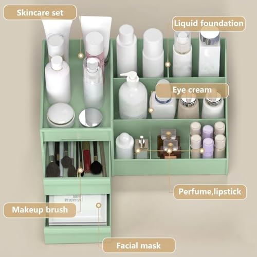 Image of INOVERA Makeup Organizer with Drawers | Countertop Cosmetics Display Case for Dressing Table | Vanity storage Holder Box (Green)