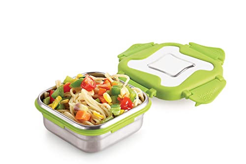 Image of STEELLOCK Smart Stainless Steel Tiffin Lunch Box Set for Kids and Adults - Airtight Leakproof Square Containers with Steel Lids - Green 250ml & 360ml - School & Office