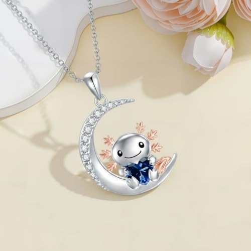 Image of PROESS Animal Birthstone Necklace 925 Sterling Silver Otter /Axolotl /Hippo /Elephant /Dachshund /Monkey /Red Panda Pendant Necklace Animal Birthstone Jewelry Gifts for Women
