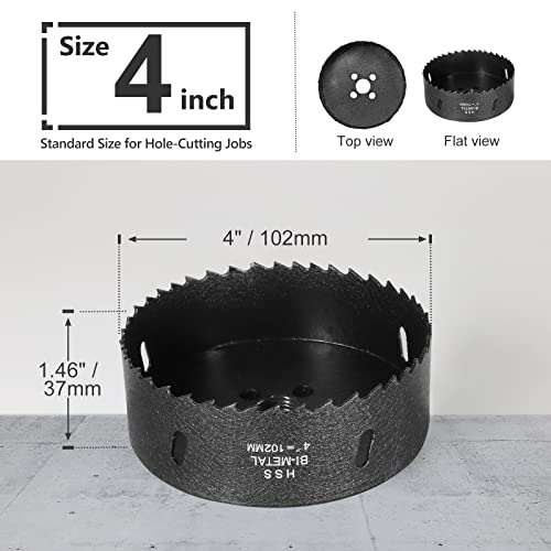Image of 4 Inch Hole Saw with 3 /8 inch Triangle Shank Quick Change Arbor, JTemgle Bi-Metal Hole Saw Heavy Duty Hole Cutting Tool for Cornhole Boards, Recessed Lights, Wood, Plastic, Drywall & Soft Metal
