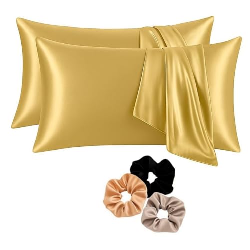 Image of Satin Pillow Covers Set of 2 with 3 Free Random Color Hair Scrunchies - Anti-Frizz, Skin-Friendly, Soft & Durable Pillowcase Set for All Hair Types (Golden)