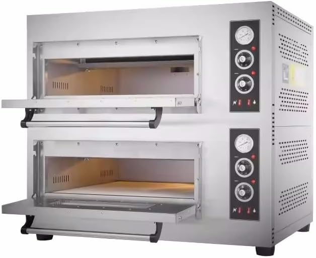 Commercial Gas Pizza Oven, Double Deck, 8 × 12" Pizza Capacity, 320–932°F, Stainless Steel, Adjustable Thermostat, for Restaurant, Bakery, Pizzeria – Model BSR-202Q