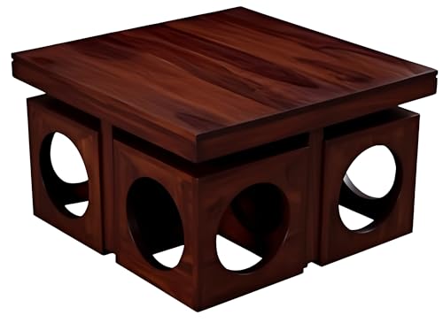 Image of Loonart Solid Sheesham Wood Coffee Table with Four Stools | Idel for Living Room | Cafe | Restaurant | Space Saving Indoor Table Set | Finish Color - Teak Finish |