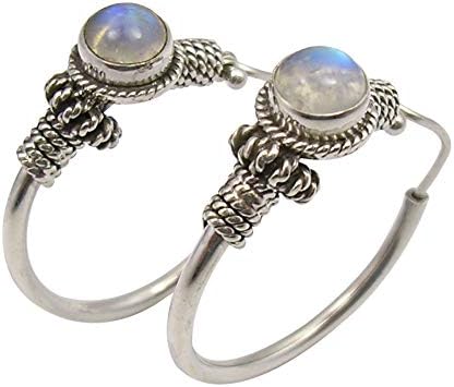 925 Solid Silver Blue Rainbow Moonstone Hoop Earrings 1.2" Stone Gift Hanukkah Gift Idea