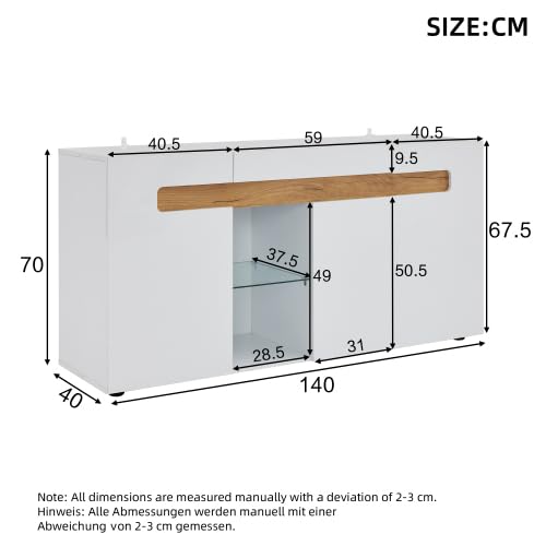 Komoda z szufladami, kredens biały i o wyglądzie drewna, wysoki połysk, z oświetleniem LED i sterowaniem za pomocą aplikacji – szafka pod telewizor 140 x 40 x 70 cm, szklana podłoga i naturalne drewno