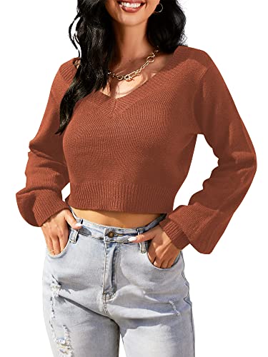 Image of ZAFUL Women's Cropped Sweater V-Neck Long Sleeve Pullover Jumper Knit Top | Crop Length, Ribbed Knit, Double V design, White sweater, Raglan sleeves, lantern sleeve, Fall & Winter, Loose fit, Oversized