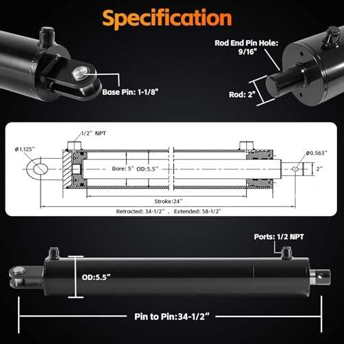 Image of 5 inchx24 inch Hydraulic Cylinders Log Splitter Cylinder, Universal Hydraulic Cylinder 5 inch Bore x 24 inch Stroke x 2 inch Rod, Heavy Duty Double Acting Cylinder (5x24)