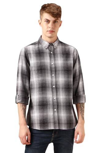 Image of Dennis Lingo Men Black 100% Cotton Full Sleeve Button Down Collar Checks Shirts
