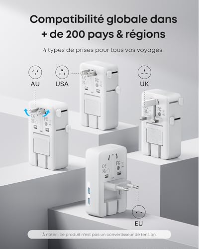 Anker Nano Adaptateur Prise Universelle, Adaptateur Voyage 5 Ports avec 1 Prise CA, 2 Ports USB A et 2 Ports USB C, contrôle Intelligent de la température, à Utiliser dans Plus de 200 Pays