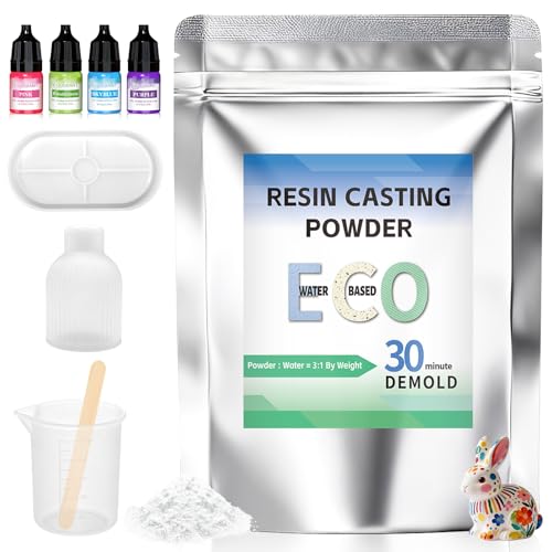 Resin Casting Powder Water-Based Resin Powder Formula Fast Cured Casting Resin Kit for Beginne with 4 Pcs Resin Pigment Vase and Base Silicone Molds Silicone Measuring Cup Stirring Rod