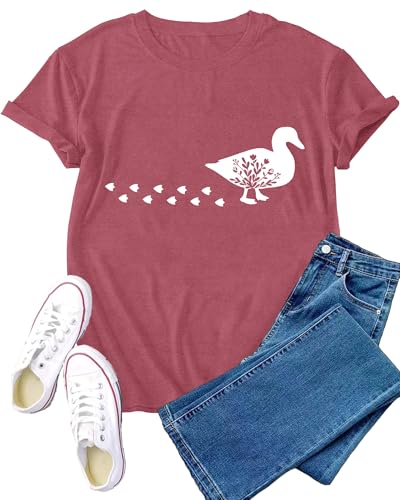 VERYNEAT Duck Shirt for Women Cute Duck T Shirt Casual Crewneck Farm Animal Tee Duck Lovers Tops Pink