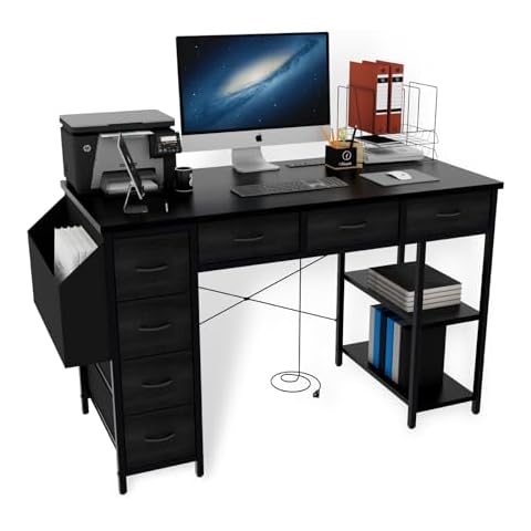 Computer Desk with 7 Drawers, 47 Inch Office Desk with Shelves, Reversible Office Desk with Power Outlet, Corner Desk with Storage, Work Desk for Home Office, Study, Living Room, Black Cover