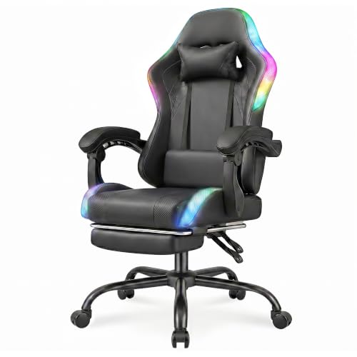 Devoko Silla Gaming con Masajeador y LED, Silla de Oficina Ergonómica con Reposapiés, Sillas Gaming para Oficina y Juegos con Iluminación RGB（Negro）