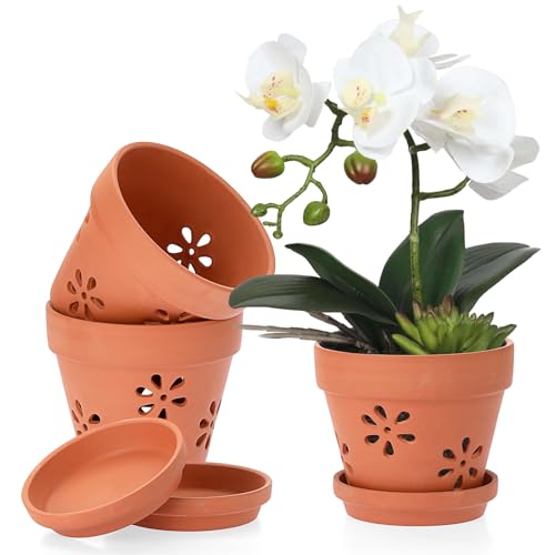 JUXYES Pack of 3 Small Terracotta Orchid Pot with Holes and Saucers, 6 Inches Clay Orchid Planter Pots for Repotting, Plant Flower Pots for Orchid Indoor and Outdoor Promotes Air Circulation
