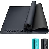 Core Balance Rubber Yoga Exercise Mat Non Slip Extra Wide Heavy Duty with Roll Strap (Black)