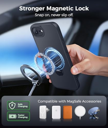 Image of FNTCASE for iPhone 17e Case: iPhone 16e Phone Case [360 Spin Magnetic Stand] [Compatible with Magsafe] [Screen Protector] Translucent Matte Military Grade Shockproof Protective Phone Cover Black