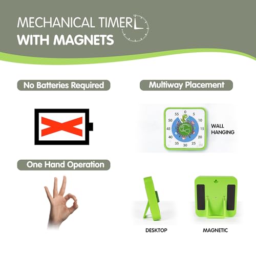 TWENTY5 SEVEN Countdown Timer 7.5 inch, 60 Minute 1 Hour Visual Timer for Classroom Teaching Tool Office Meeting, Mechanical Countdown Clock for Kids Exam Time Management Magnetic, Green Dinosaur - Image 2