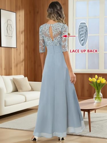 Lace Appliques Mother of The Bride Dresses with Sleeves Chiffon Pleated Scoop Neck Corset for Weddings3