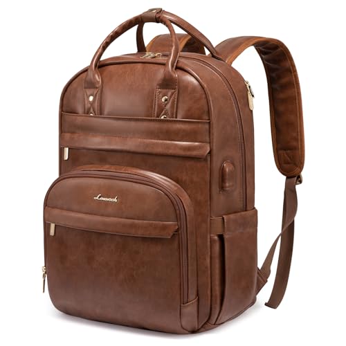 LOVEVOOK Laptop Backpack for Women,15.6 inch Vintage PU Work Backpack Purse with USB Charging Port,Fashion Travel Backpack Waterproof Teacher Backpack for Business College PU Brown