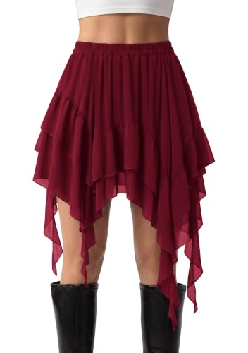 Women's Mini Skirts Renaissance Boho Tiered Layers Skort Dark Red XL