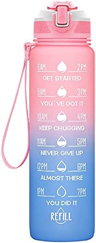 MEITAGIE Water Bottles with Straw and Buckle Handle, 1 Litre BPA Free Water Bottle with Time Markings Leak-proof Perfect for Fitness Gym Camping Outdoor Sports