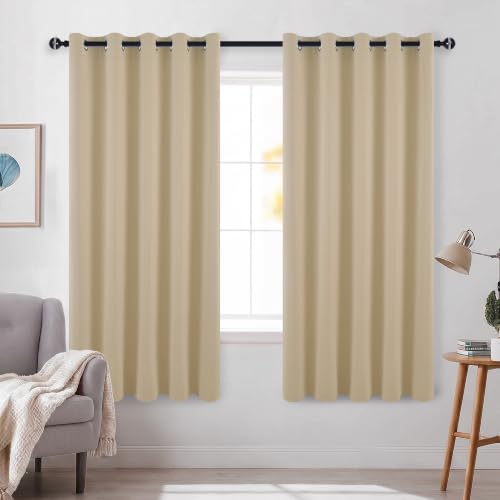 DWCN Blackout Curtains for Bedroom - Thermal Insulated Light Blocking Eyelet Window Curtains for Living Room 66 x 72 inch Length, Light Beige, 2 Panels