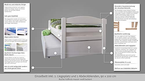 Einzelbett/Funktionsbett "Easy Premium Line" K1/h/s inkl. 2. Liegeplatz und 2 Abdeckblenden, 90 x 200 cm Buche Vollholz massiv weiß lackiert – Bild 5
