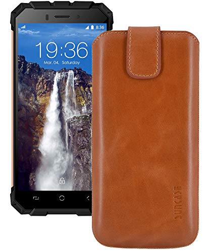 Suncase ECHT Ledertasche Leder Etui *Slim-Edition* für Ulefone Armor X 4G Outdoor (mit Rückzugsfunktion & Zwei Kartenfächer) Cognac