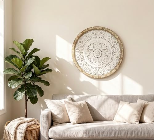 PARISLOFT Farmhouse Round Wood Floral Wall Decor, Cutout Bohemian Wall