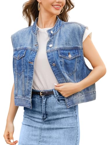 Denim Vest Women Cropped Jean Vest Top Button Down Crewneck Casual Summer Sleeveless Jean Waistcoat Jacket