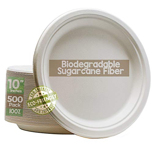 Green Earth, 100% Compostable Paper Plates Natural Bagasse, Sugarcane Fiber, Breakfast Lunch Dinner Biodegradable Recycled Disposable Round Microwave Safe Eco Friendly Heavy-Duty, 10