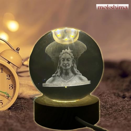 Image of 3D Adiyogi Crystal Ball LED Night Lamp, Lord Shiva Design with Wooden Base, Spiritual Table Lamp for Home Temple, Gift for Devotees (Adiyogi)