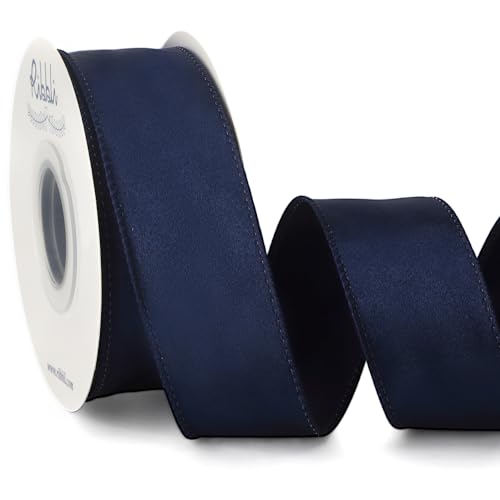 Ribbli Navy Satin Wired Ribbon 1.5 Inch Navy Blue Christmas Ribbon for Gift Wrapping Wreaths Garland Tree Decoration Crafts Home Decor-Continous 20 Yards