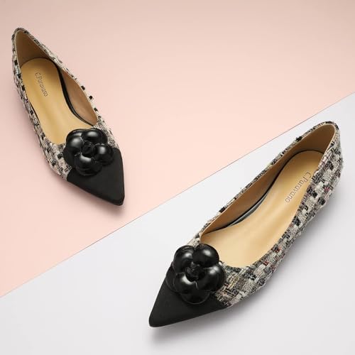 C.Paravano Flat Shoes - Women's Tweed Pointed Toe Pumps - Slip On Ballet Flats (Size 7.5, Black)2