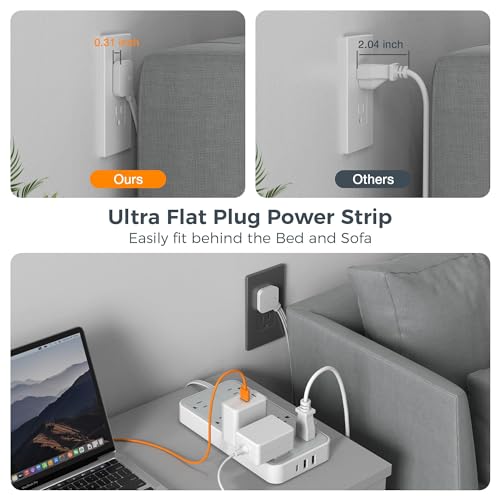Flat Plug Power Bars with Surge Protector 1080J, TESSAN 6 Ft Extension Cord Indoor with 8 Multiple Outlets and 3 USB(1 USB C), Wall Mounted Charging Station for Home Office Dorm Ro image 2