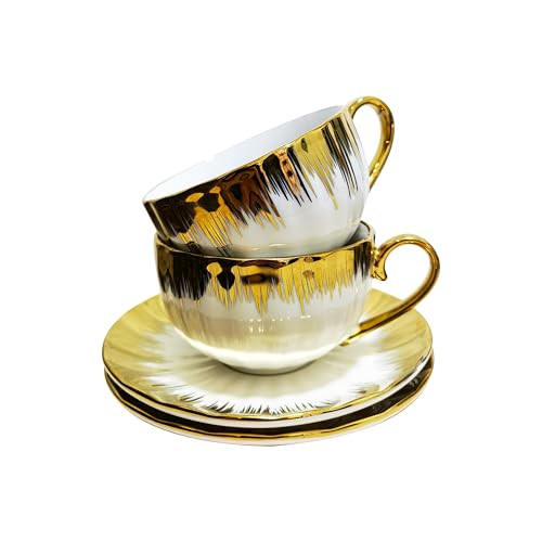 Porcelain Tea Cups Set of 2 - Ceramic Coffee Cup (210 Ml) with Saucers - Ceramic Mugs for Home and Restaurants, Valentines Mothers Birthday for Women Men Friend