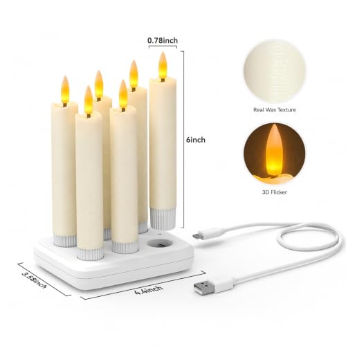 Image of 6 inch Rechargeable Flameless Taper Candles with Remote, Charging Base, 6 Pcs