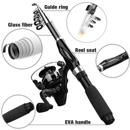Fishing Set,Kids Fishing Pole 4Pcs/Set Telescopic Portable Mini Kids Fishing Rod Starter Set Ceramic Guide Ring Fiberglass Lure Fishing Rod for Beginner, Black - Image 2