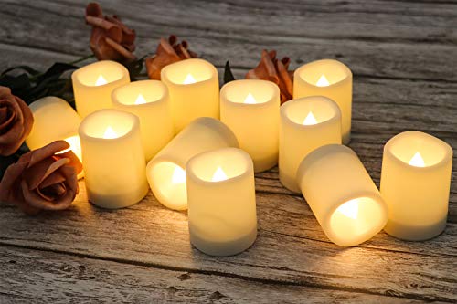 Image of GenSwin Waterproof Outdoor Flameless Candles Flickering with Timer, Battery Operated LED Pillar Votive Tealight Candles(Battery Include), Set of 12 Plastic Warm Light(White, 1.5 x 2 Inch)