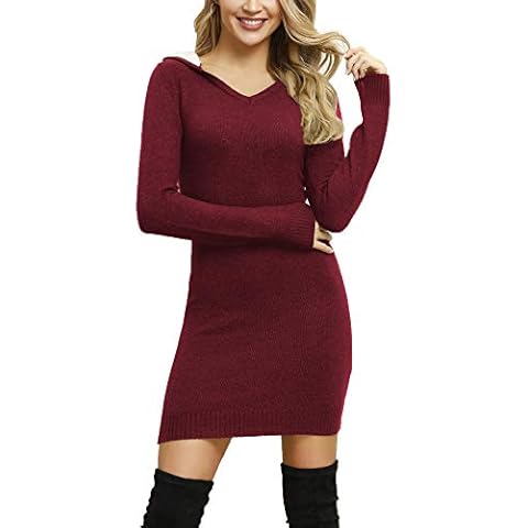 TrendiMax Women Sexy Sweater Dress Long Sleeve Jumper Dress Casual Knitted Hoodie Dress Winter Pullover Dress for Womens Red Cover